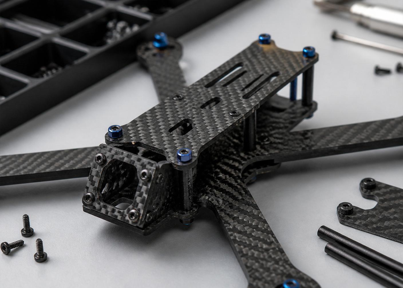 Carbon fiber drone frame under studio lighting