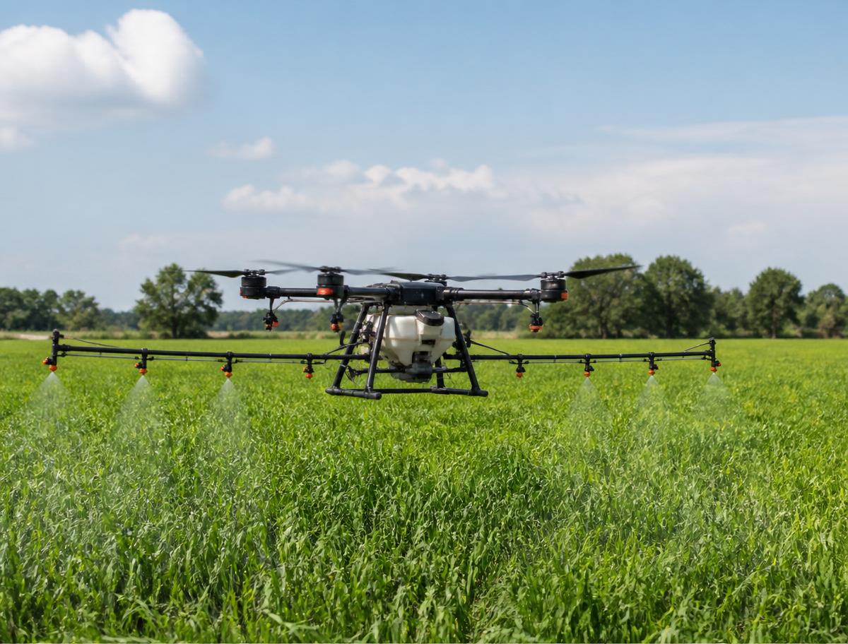 Agricultural payload drone over farmland