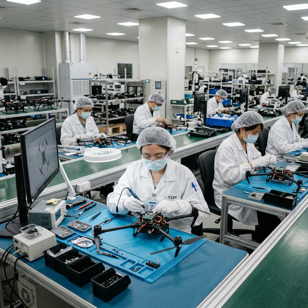 Taiwan drone OEM manufacturing facility with assembly workers